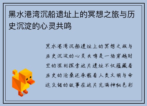 黑水港湾沉船遗址上的冥想之旅与历史沉淀的心灵共鸣